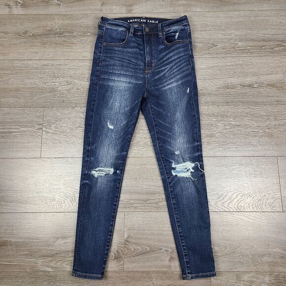 American Eagle Outfitters Blue Highest Rise Skinny Distressed Jegging Size 4 - Picture 2 of 16